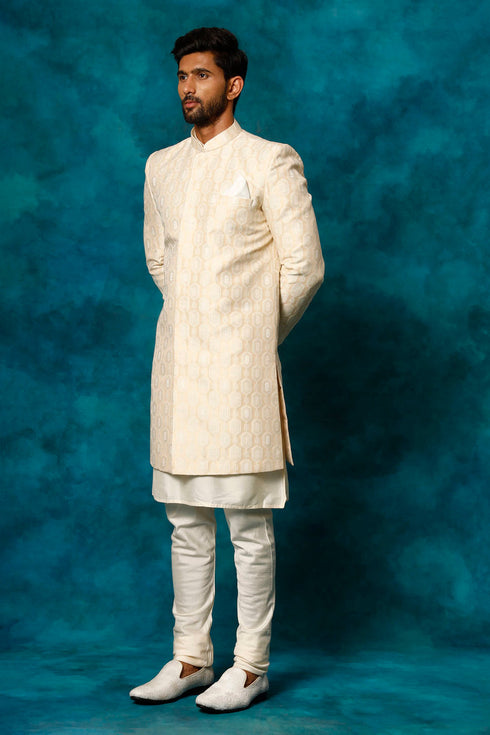 VASTRAMAY Men's Beige Imported Jacquard Indo With Kurta Pyjama Set